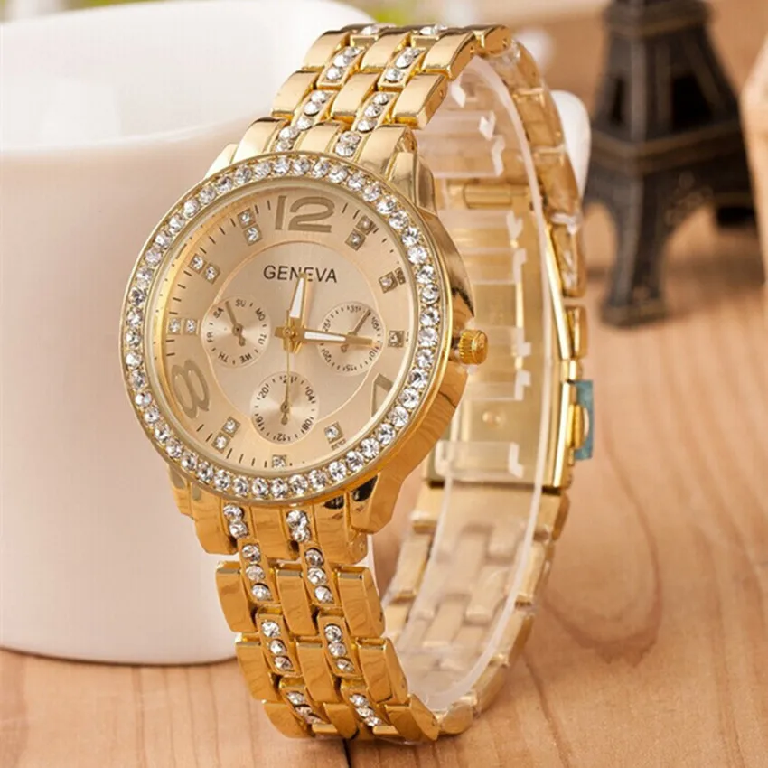 

Reloj mujer New Luxury brands Geneva women watches Crystal stainless steel Quartz Watch Lady Outdoor Sport watch