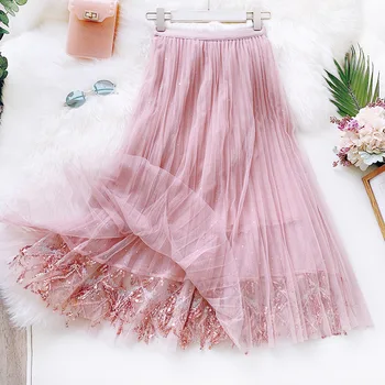 

2020 Women Summer A-Line Long Skirt High Waist Women Sequins Mesh Skirt Boho Pink Maxi Skirt Faldas Jupe Femme Saia