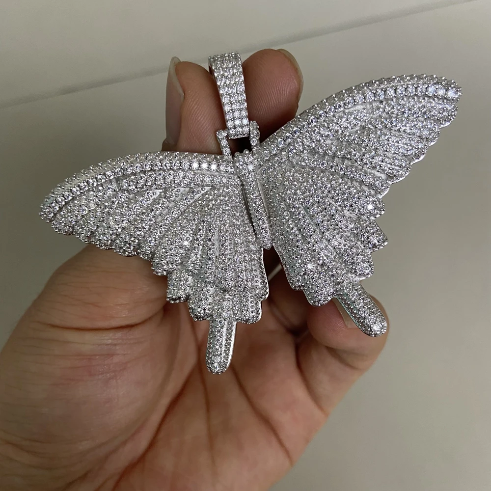 Meisidian Solid S925 Silver Iced Out Moissanite Diamond Hip Hop Butterfly Pendant Necklace For Women