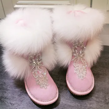 

Winter new fashion custom rhinestone fox fur full female boots wild wool warm thick snow boots large size women's boots
