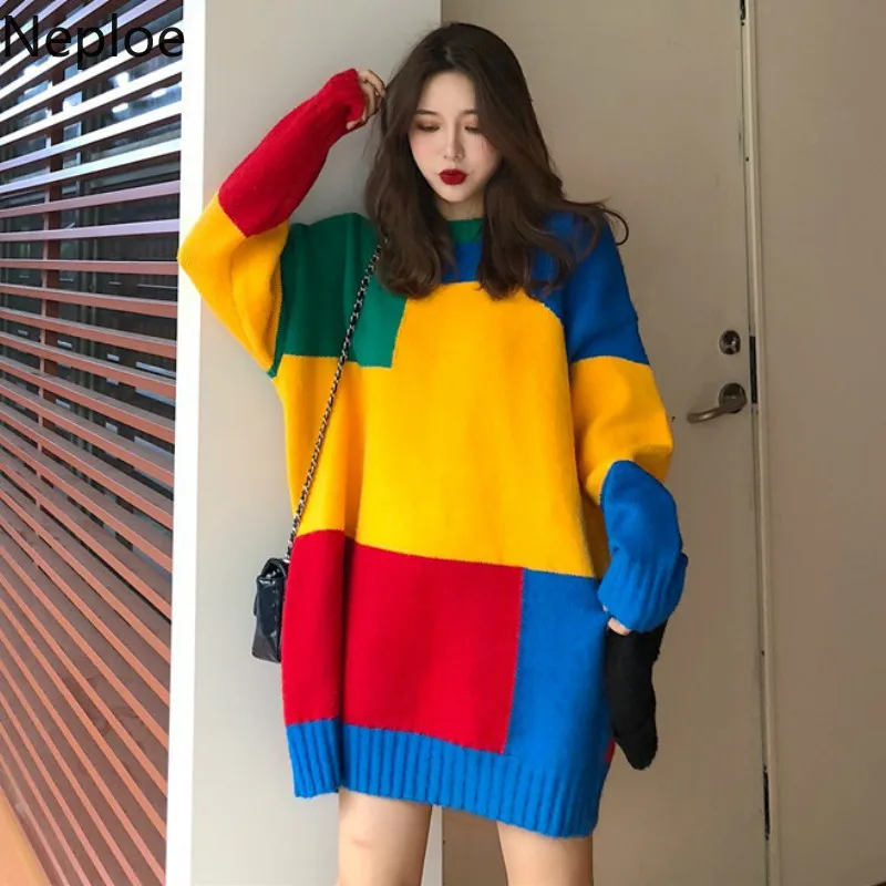 

Neploe O Neck Match Color Pullover Knitt Sweater Women Korean Loose Mid Long Patch Pull Femme 2018 Autumn Winter New 46783