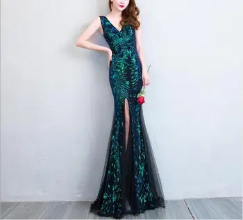 

Top Quality Sequin Long Dress Elegant Celebrity Night CLub Slit Big Yards Vintage Fashion Bodycon Evening Party Long Dresses