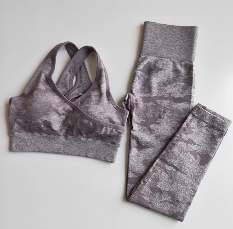 bra pants purple Камуфляжный бесшовный комплект для йоги, спортивная одежда для женщин, одежда для тренажерного зала, укороченный топ с длинным рукавом+ Леггинсы для йоги+ спортивный бюстгальтер, спортивный костюм из 3 предметов - Цвет: bra pants purple