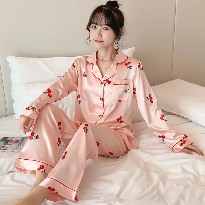 

8883 # Red Cherry Cm Cardigan Long Sleeve Korean-style Sweet Hipster Pajamas Tracksuit Two-Piece Set