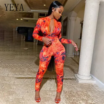 

YEYA Tye Die Print Zipper V Neck Night Club Party Rompers Womens Jumpsuit Skinny Streetwear Casual Spring One Piece Overalls