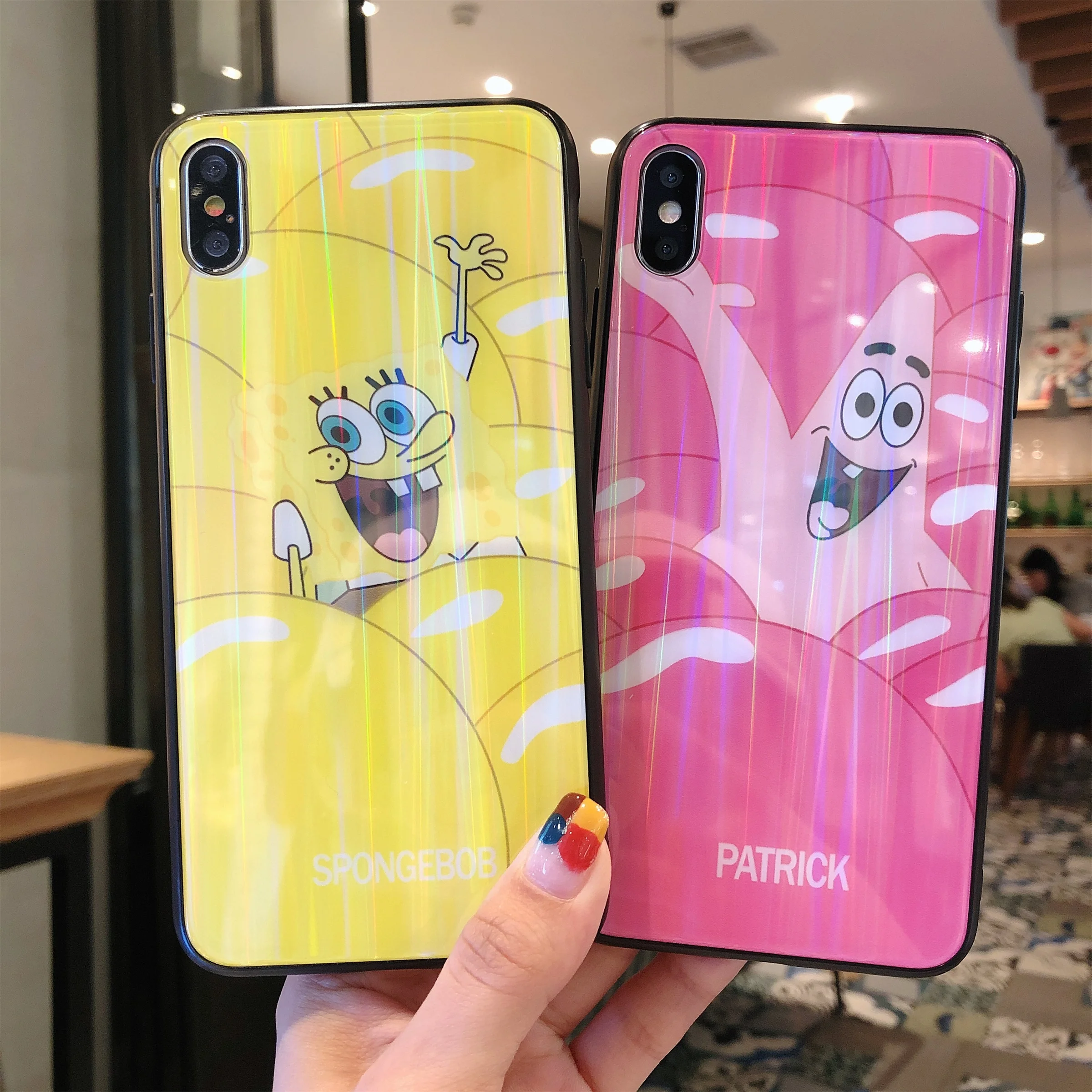 

For iphone X XR XS MAX Cover For iphone 6S 6 7 8 Plus Japan Anime Patrick Spongebob Aurora Laser Plating Mobile Phone Case Cover