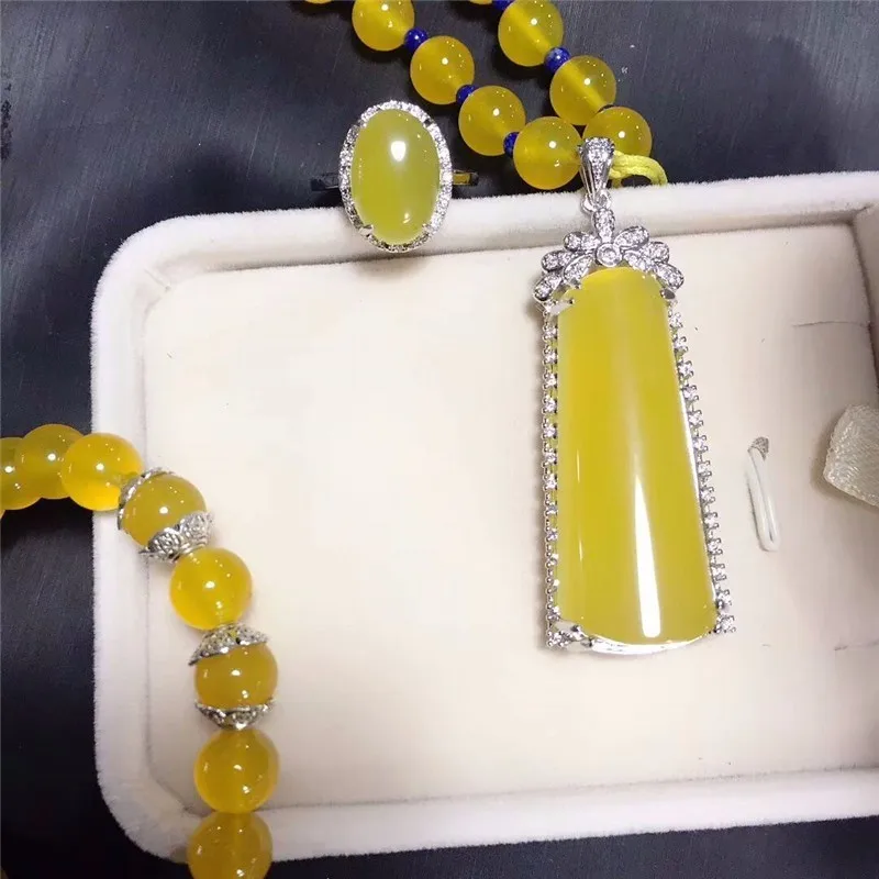 LETSFUN Fine Jewelry 925 Серебро инкрустированные натуральный желтый халцедон кулон ожерелье кольцо браслет набор подарки
