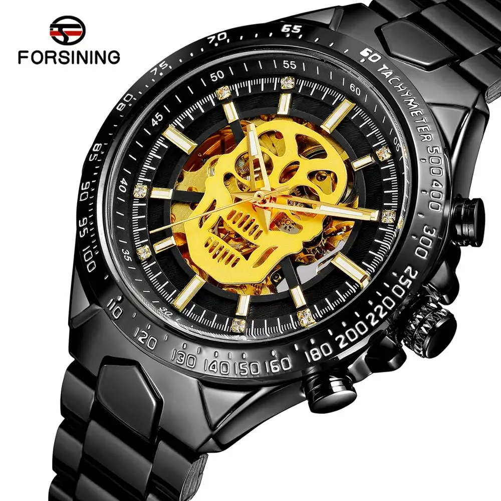 

Forsining Creative Skull Bone Mens Mechanical Watch Automatic Steampunk Black Steel Belt Male Clock Wristwatch Relogio Masculino