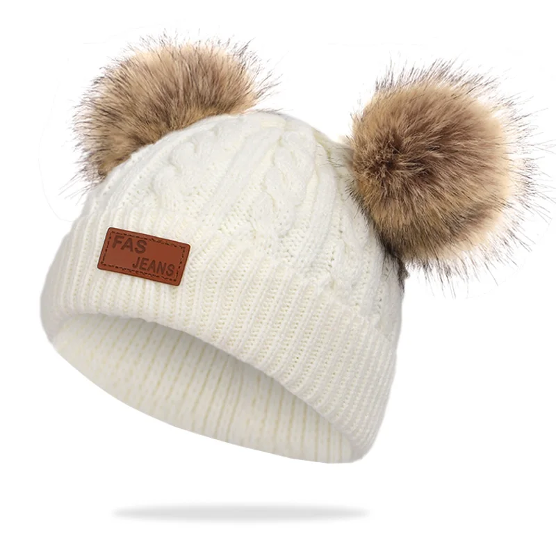 White-1 Детская шапка, вязаная Милая шапка для девочек, BoysBig Pom pom Beanie, детские шапки для девочек и мальчиков, теплая вязаная зимняя детская шапка из натурального енота F - Цвет: White-1