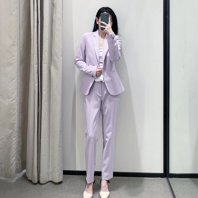 2020 Spring Autumn Pink Purple Pants Suit Women Single Button Office Lady Blazer Jacket Coat+Zipper Trouser Two Piece Set Female