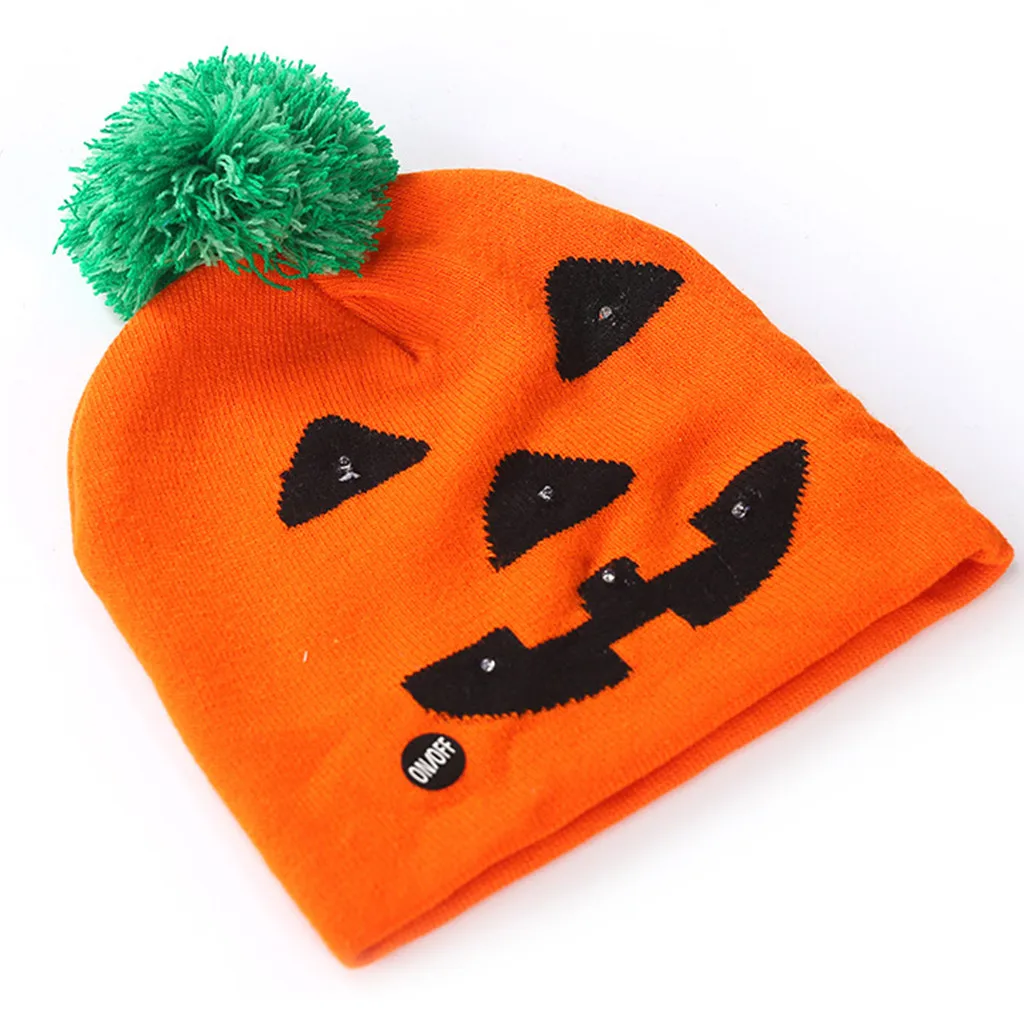 Цветной Хэллоуин Тыква светодиодный свет-вверх вязаная шапка, шапочка Hairball теплая шапка подарки зимняя Лыжная Шапочка год Рождественская вечеринка