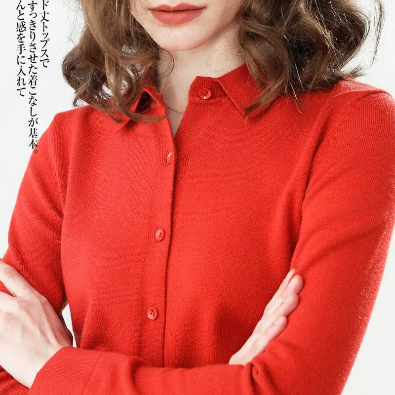 Красный Autumn winter POLO lapel thick knit cardigan shirt Sweater Women cardigans wool Knitwear Cashmere Sweater cardigan coat - Цвет: Красный