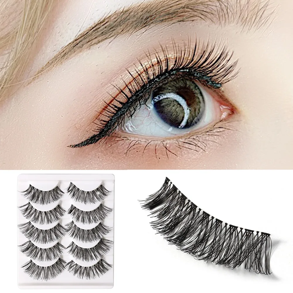 

5 Pairs Handmade Natural Thick Long Cross False Eyelashes Makeup Fake Eye Lashes False Eyelashes Extension Transparent Stalk