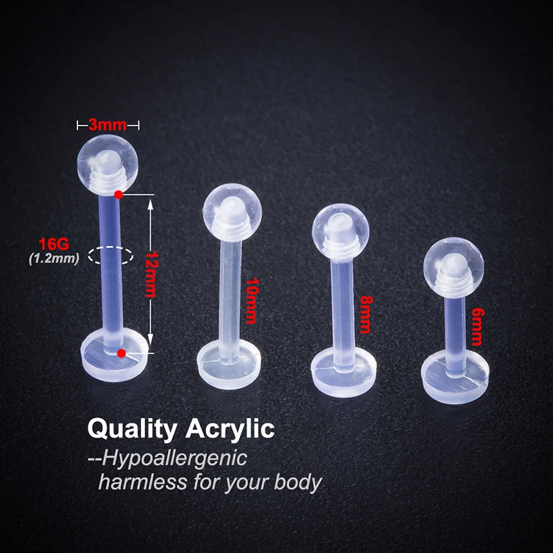 10pcs Clear Acrylic Lip Stud Piercing Labret Ring Bioflex Ear Cartilage Earring Bar Tragus Helix Retainer Flexible Jewelry 16G