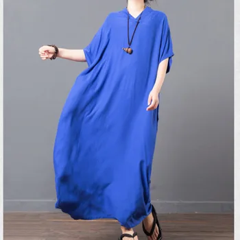 

[EWQ] 2020 Summer New V-collar Short Batwing Sleeve Large Loose Simple Comfortable Ladies Ankle-length Vintage Dress EF397