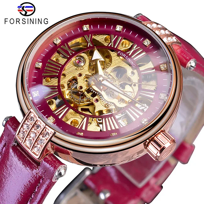Forsining элегантные женские часы с бриллиантовым каркасом роскошные женские автоматические часы светящиеся стрелки черные из натуральной кожи - Цвет: GMT1136-6