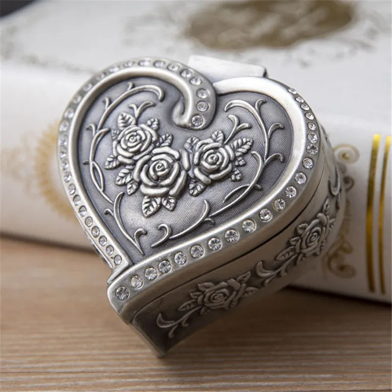 Vintage Rose Flower Style Inlaid zircon Antique Women Trinket Heart-shaped Jewelry Gift Box Necklace Earrings Ring Storage Case