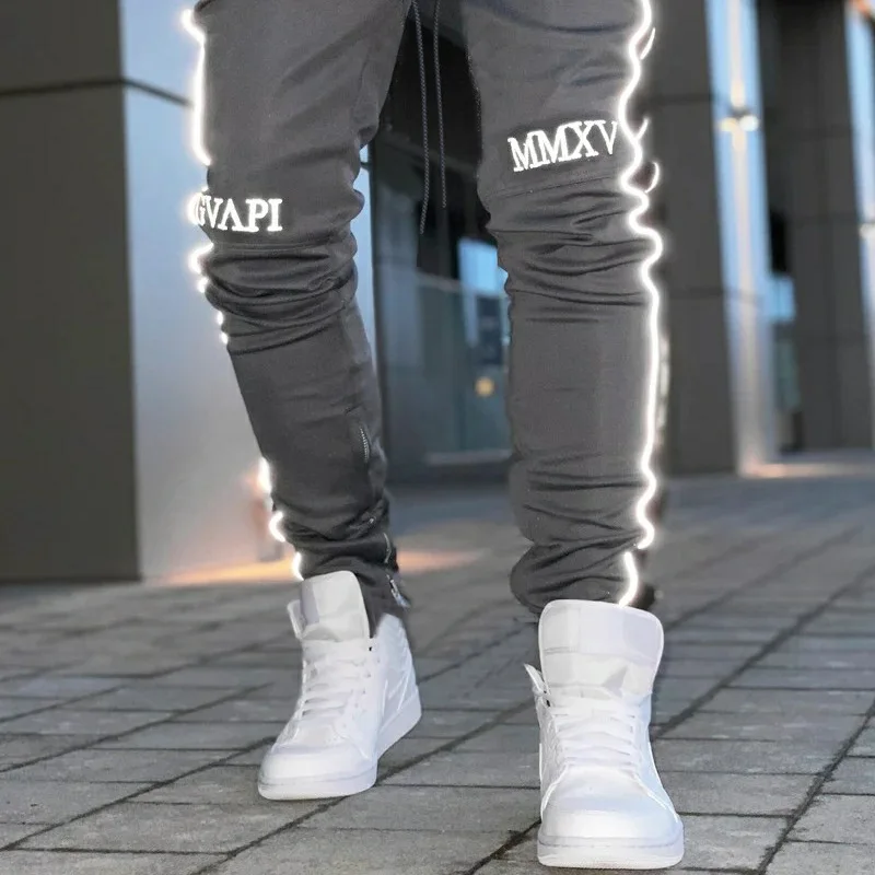 

Spring and Autumn men's thin leggings. Reflective strips, high street trousers at night, fitness training, hip-hop outdoor pants