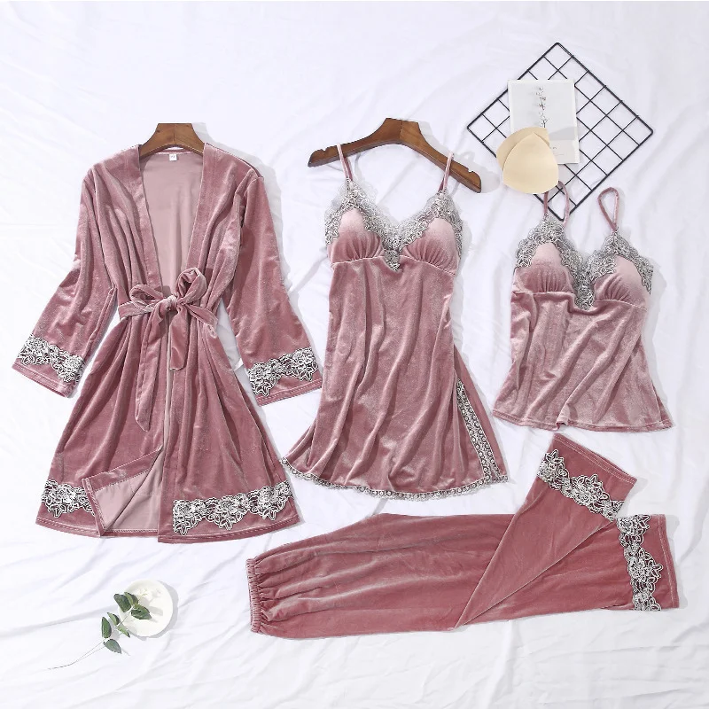 

2020 Autumn Winter Velvet Pajamas for Women Pyjamas Warm Sleepwear V-Neck Pijama Mujer 4 Piece Sets Pijama Chest Pads