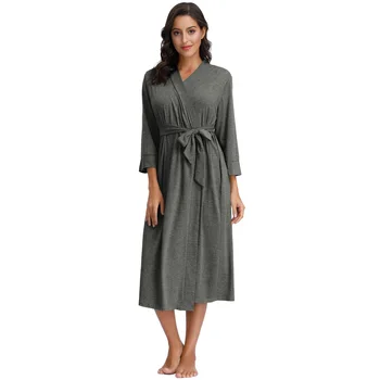 

Zexxxy Women Wrap Front Sleep Robe 3/4 Sleeve V-Neck Mid-Calf Length Sleepwear Three-quarter Sleeves Fixed Belt Decoration