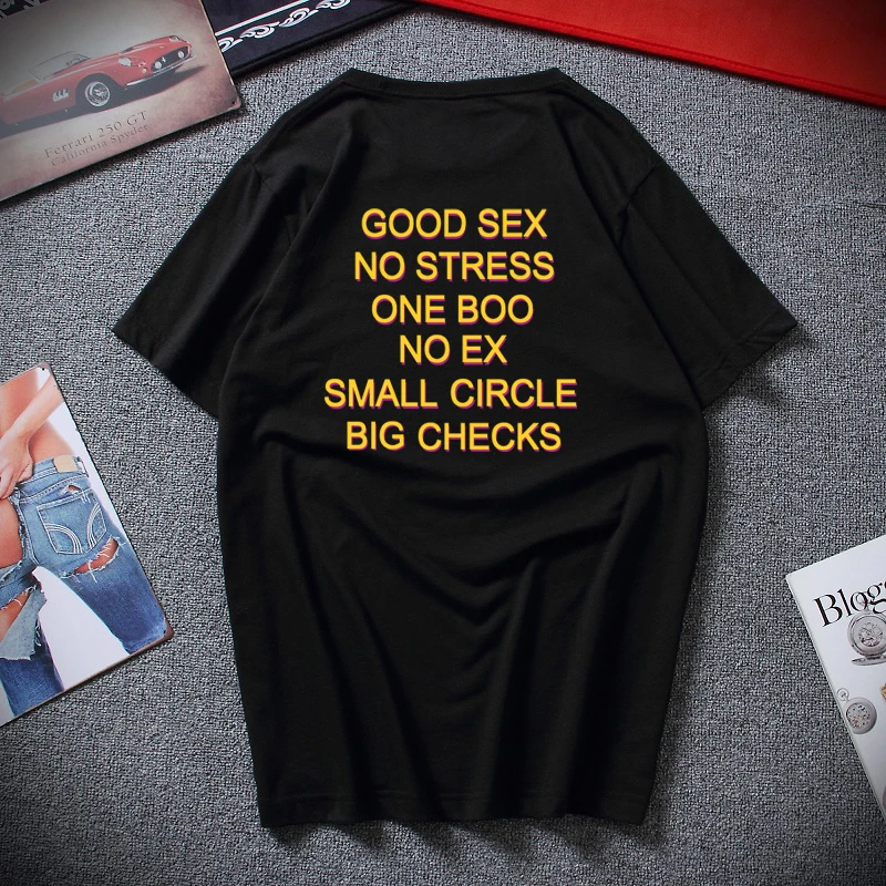 Смешная футболка с надписью «Good Sex No Stress One Boo No Ex Small Circle Big checkes», европейские размеры, хлопок - Цвет: Черный