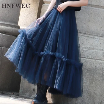 

High-waisted gauze large swing patchwork ruffles skirt famale 2020 Women's medium and long mesh fashion bottom new T948
