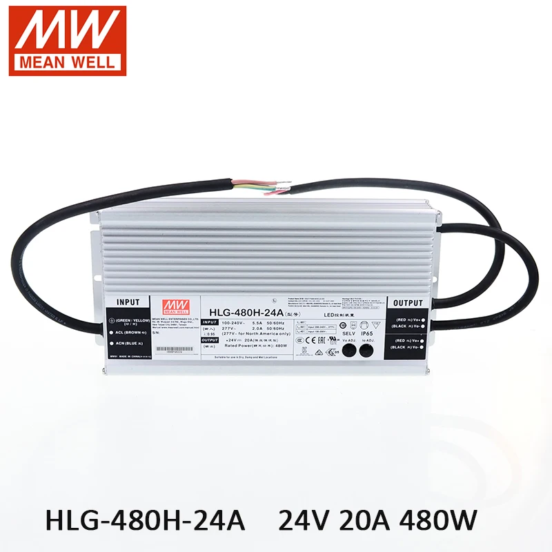 MEAN WELL Светодиодный источник питания HLG-480H-24A 24 В регулируемый светодиодный драйвер 110 В/220 В переменного тока до 24 В постоянного тока 20A 480 Вт Водонепроницаемый IP65 трансформатор