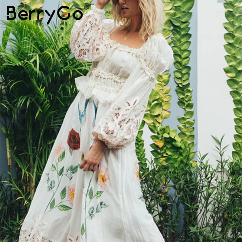

BerryGo Vintage white cotton blouse women Autumn lantern sleeve hollow out tops Lace ruffle short blouses ladies