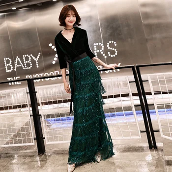 

Green Tassel Evening Party Dress Women Bling Sequins Chinese Dress V-Neck Burgundy Cheongsam Patchwork Vestidos De Festa