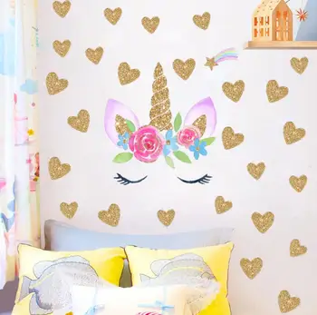 

Unicorn Gold Hearts Wall Sticker, Baby Nursery Unicorn Wall Stickers Girls Room Hearts Wall Art Decal DIY Room Decor, FX64072