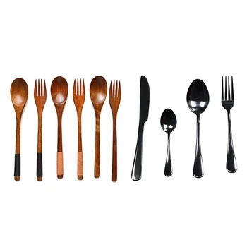

1 Set Black Stainless Steel Cutlery Set Teaspoon Dinner Fork Knife Western Tableware Dinnerware Kitchen Tools & 1 Set Wooden 8.9
