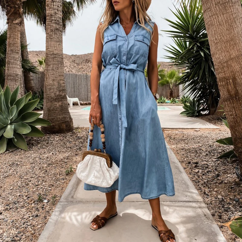 Женское повседневное джинсовое платье-рубашка без рукавов женское летнее
