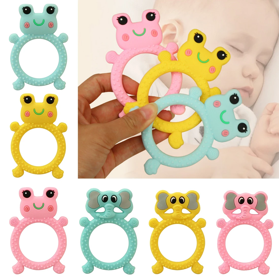 

Elephant Frogs ring silicone molar gel Baby Teether Pacifier Cartoon Teething Nursing Silicone BPA Free Necklace Toys