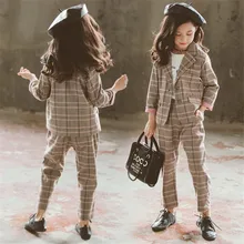 Комплект одежды для девочек; осенний костюм для девочек-подростков; клетчатая куртка; брюки; комплект из 2 предметов; школьный детский спортивный костюм для девочек; официальная одежда