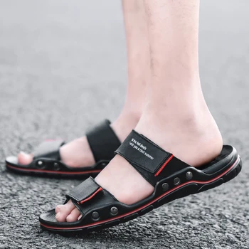 

2020 New Men Genuine Leather Sandals Summer White Beach Sandals Fashion Sport Comfort Black Slides Designer Casual Slippers