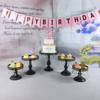 

black mirro Iron Crystal Pendant Cake Stand Mirror Surface Wedding Dessert Tray Cupcakes Fruits Cookies Pan Display Serving Rack