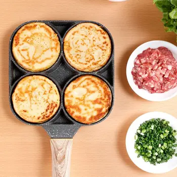 

4 Hole Omelet Pan for Burger Eggs Ham Pancake Maker Wooden Handle Frying Pot Non-stick Cooking Breakfast for famliy
