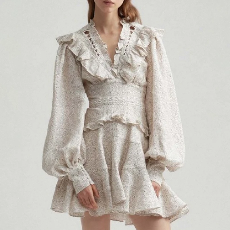 

Summer Vintage Dress Women Dot Lantern Sleeve Hollow Out High Waist Ruffles Tunic Mini Dress