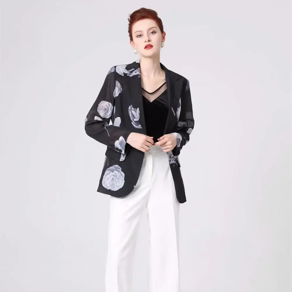 

Runway Coat Women 2019 Autumn Winter High Quality Designner Office Flower Print Full Sleeve Slim One Button Long Working Jacket