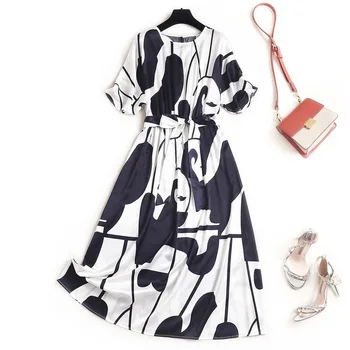 

Natural Silk Geometric Print Dress Vintage Mid-Calf O-Neck Robes Femme Nouveautes 2020 Vestido Vintage Longo Frete Gratis