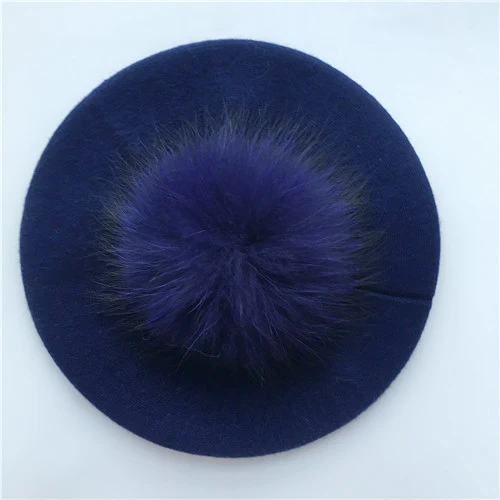 Navy match fur Женские береты, шапка, зимние женские Повседневные вязаные шерстяные береты с натуральным мехом енота, весенние женские одноцветные береты, шапки - Цвет: Navy match fur