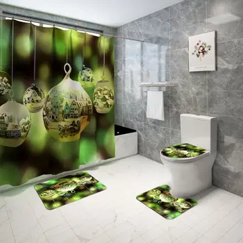 

4PCS Green Christmas Decor 3D Digital Printing Happy Shower Set Bathroom Shower Curtain Bathroom Base Mat Toilet Floor