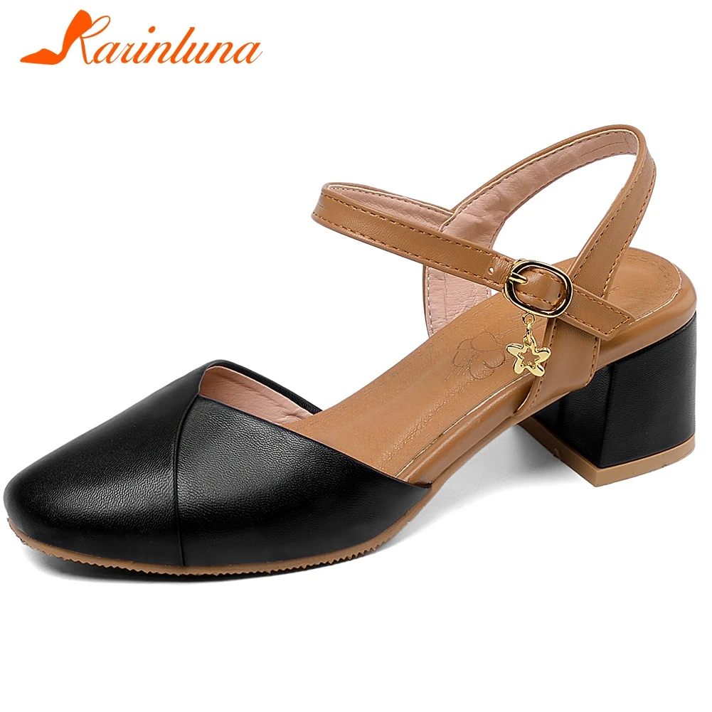 

KARINLUNA Elegant Lady Mixed Color Sandals Round Toe Buckle Strap Metal Square Heel Sandals Women Summer Shoes Woman