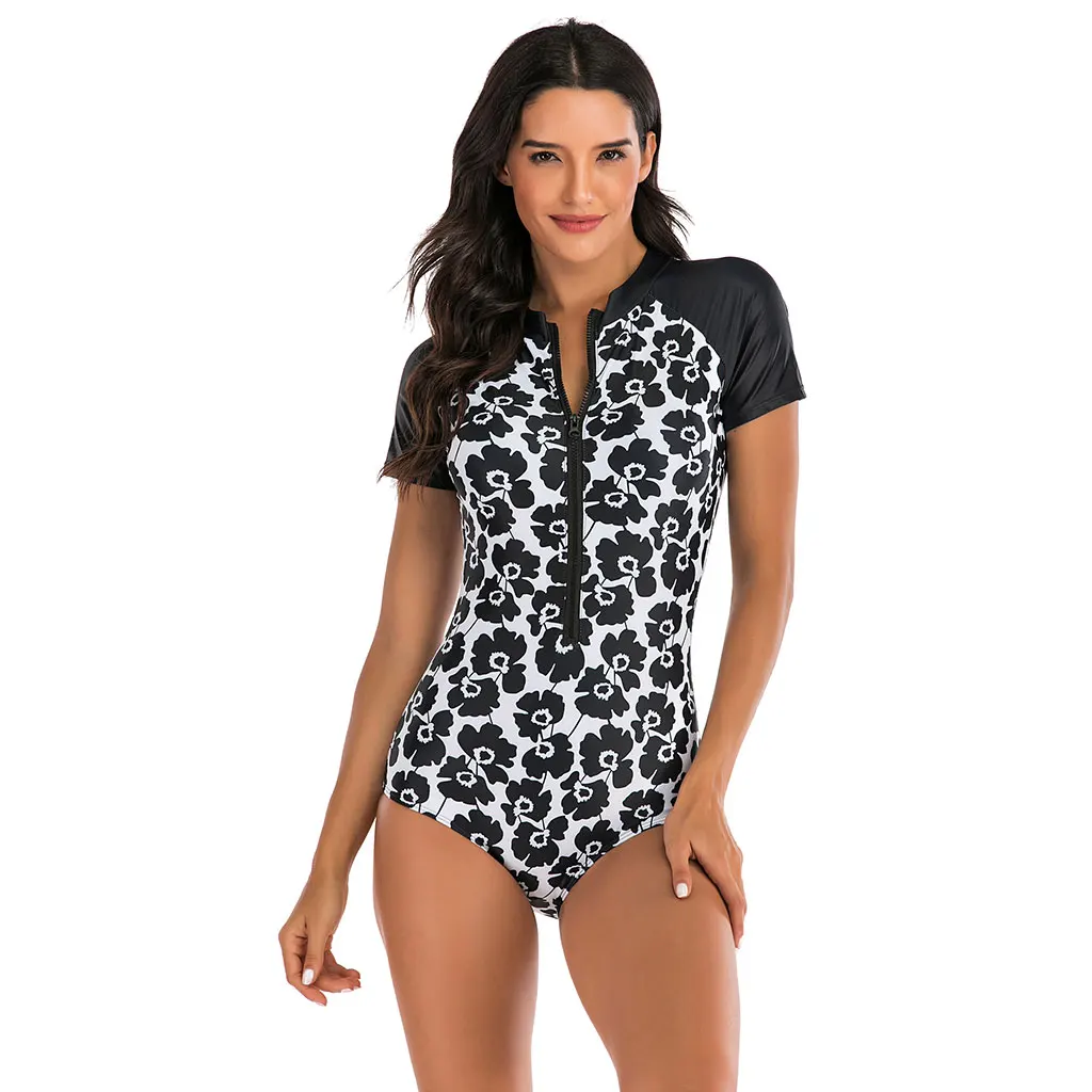 Womens Rash Guard Short Sleeve Zip Front Black Floral Printed One Piece Swimsuit Surf Monokini Swimwear Swimming Bathing Suit |