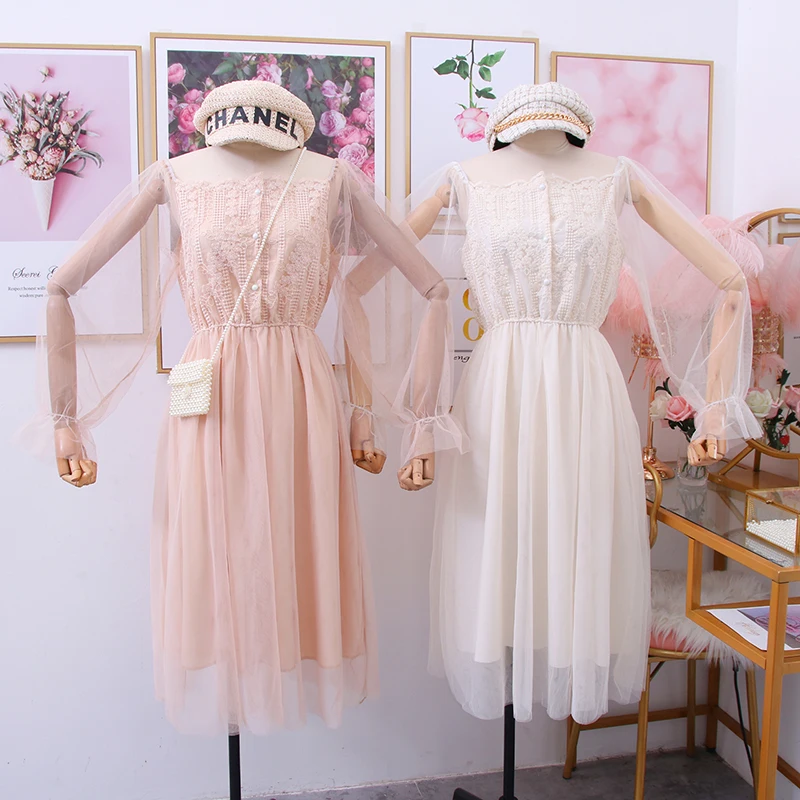 

2020 summer new temperament wild super fairy off-the-shoulder neckline embroidery small flower net gown mid-length dress women