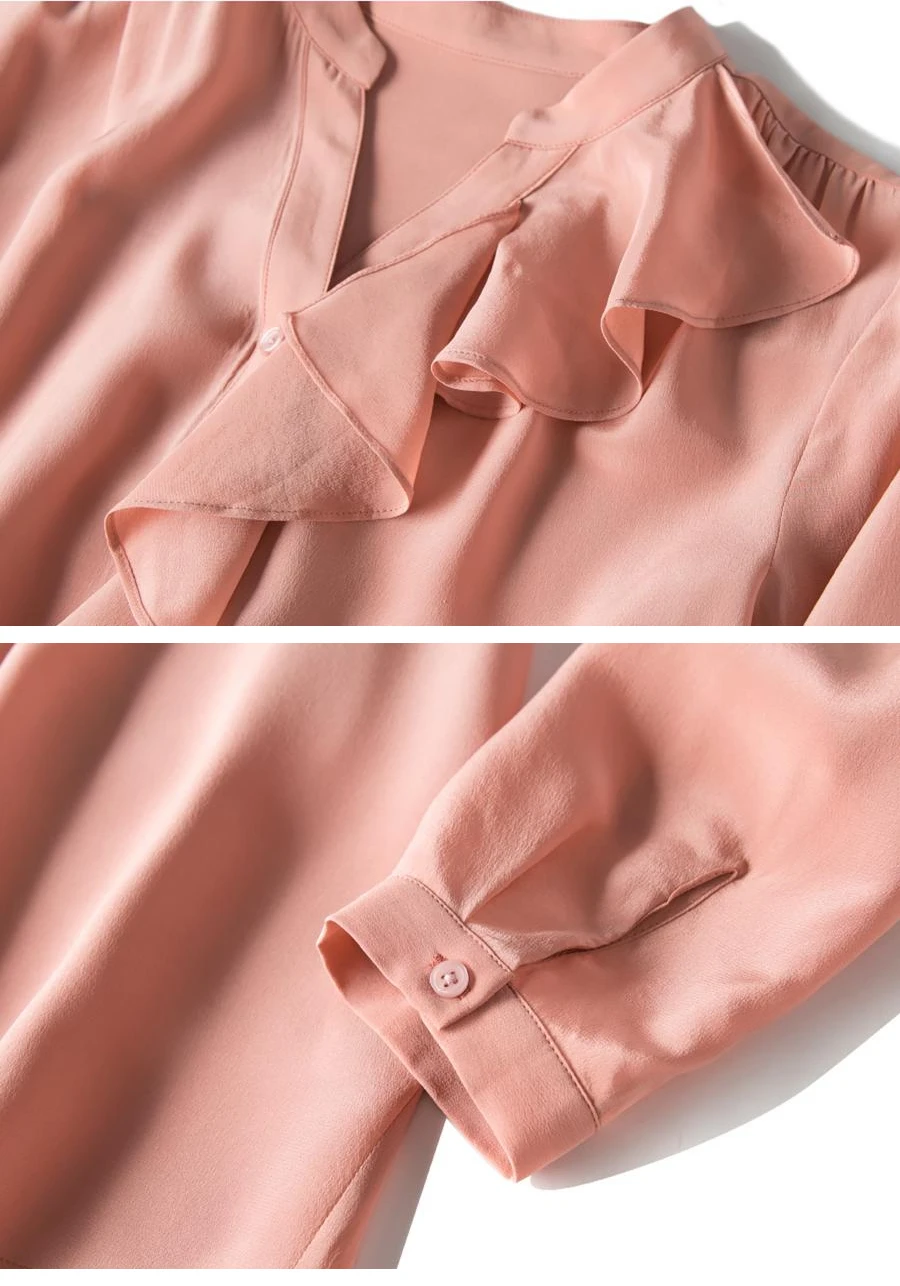 Женская блузка 16 мм натуральный шелк креп блузка с длинным рукавом оборки планки блузка для женщин Blusas femininas весна осень
