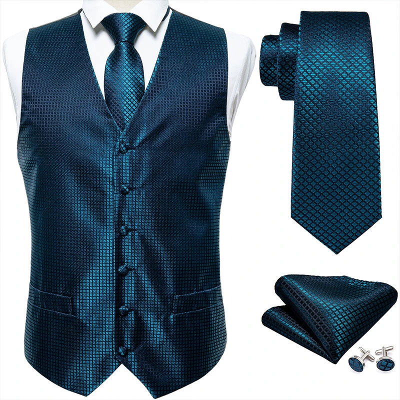 blazer for men wedding Mens Classic Teal Blue Solid Jacquard Folral Silk Waistcoat Vests Handkerchief Tie Vest Suit Pocket Square Set Barry.Wang sport coat