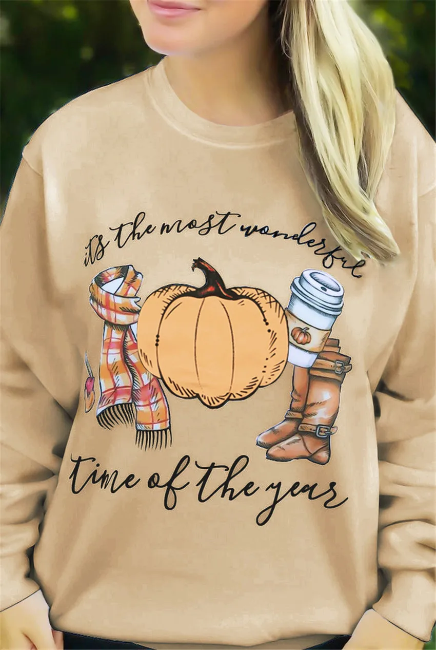  Halloween Sweatshirts Pumpkin Top Women Letter Print Hoodie Khaki Sweatshirts Autumn Pullovers Hall