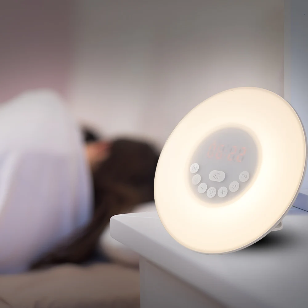 Alarm Clock Sunrise/Sunset Simulation Luminous Digital Clock with FM Radio 7 Colors Light Lamp Touch Control Snooze Table Clocks