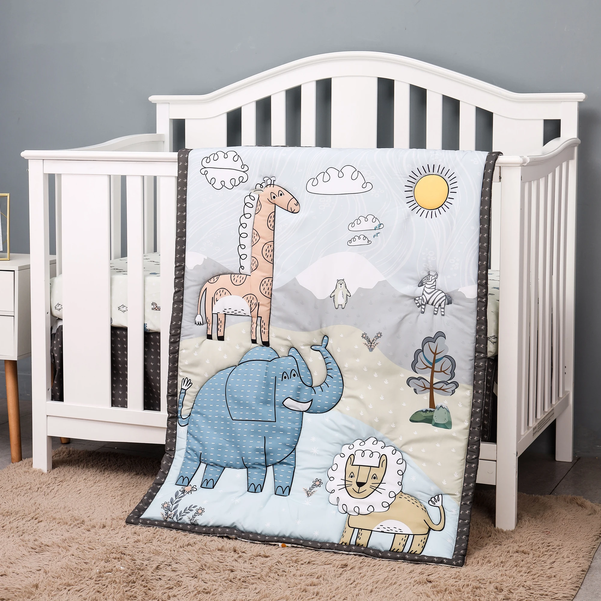 3 pcs Baby Crib Bedding Set for boys and girls jungle design cheep and hot sale including quilt, crib sheet, crib skirt